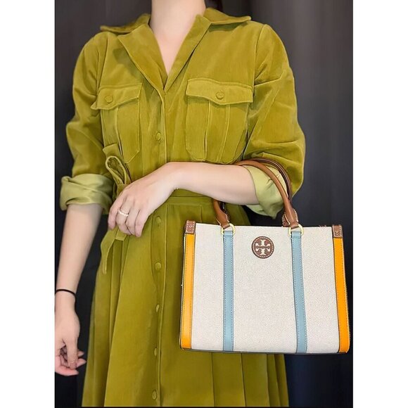 Tory Burch Blake Canvas Small Tote Blue Gold - Picture 2 of 12